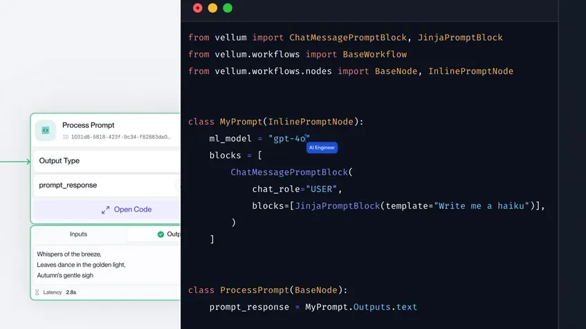 Vellum product UI: a visual workflow node beside the same workflow in SDK code