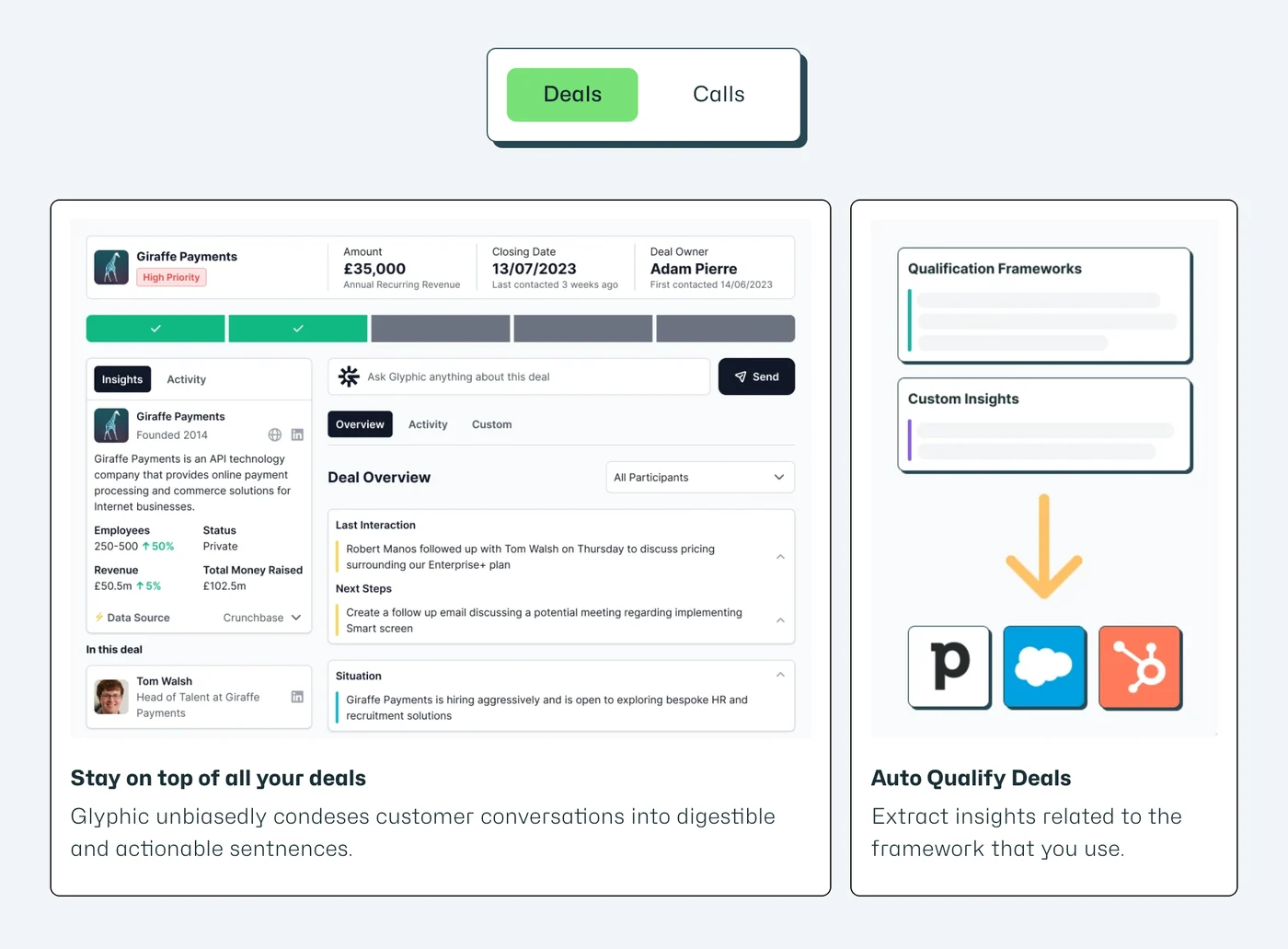 Glyphic AI website section designed by Quarter Digital: the deal overview product UI beside the auto-qualify module that syncs to Pipedrive, Salesforce and HubSpot