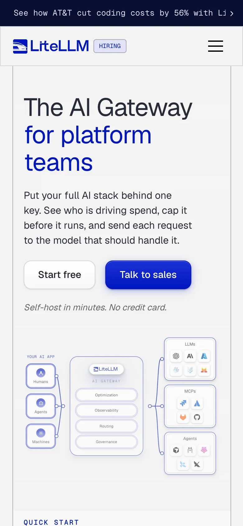 LiteLLM homepage on a phone: The AI Gateway for platform teams, with Start free and Talk to sales buttons above the gateway routing diagram