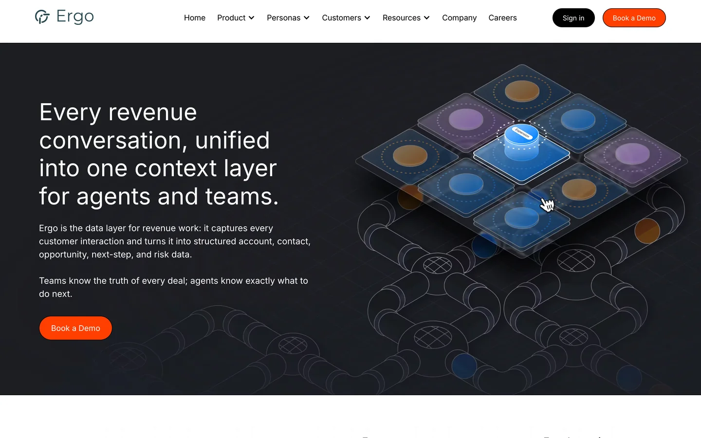 Ergo website: Every revenue conversation, unified into one context layer, beside an isometric grid of data tiles