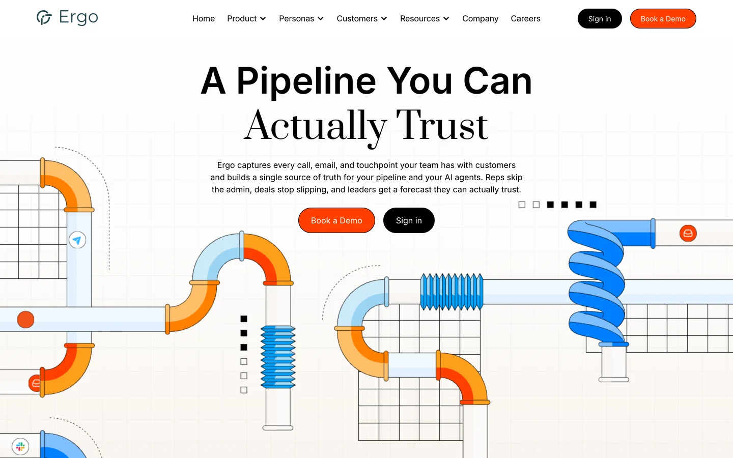 Ergo homepage: A Pipeline You Can Actually Trust, with the pipe illustration