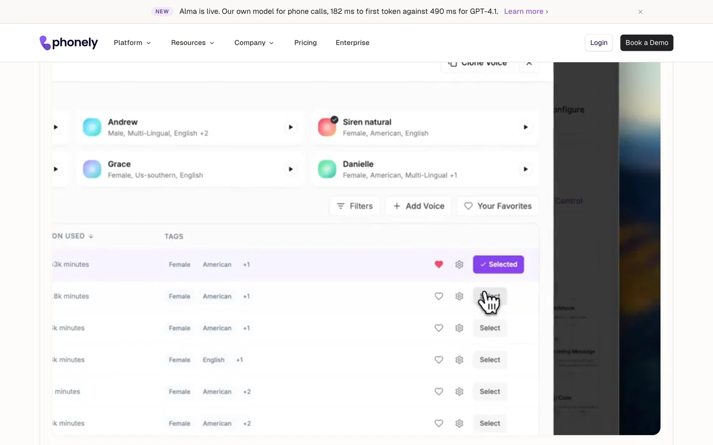 Phonely website: the product tab panel, showing the agent builder's voice picker inside the app