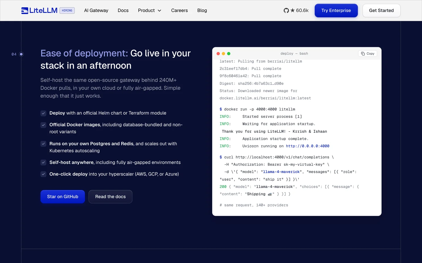 LiteLLM website: a plain-language promise, go live in your stack in an afternoon, beside a terminal running the real deploy commands