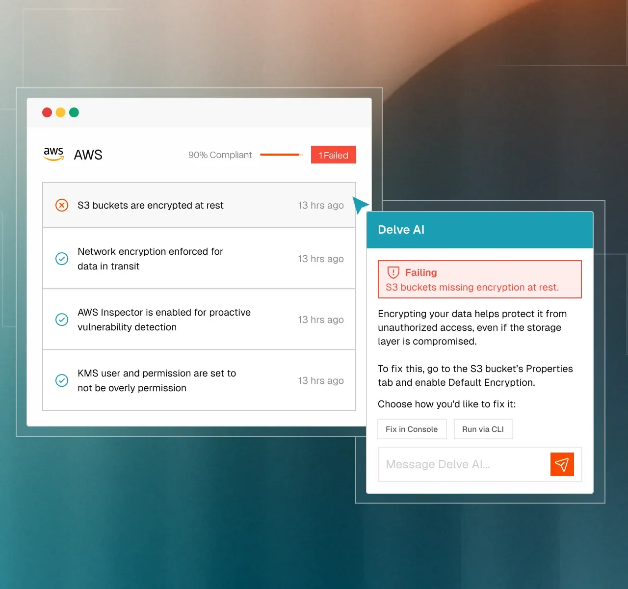 Delve product UI on delve.co: an AWS compliance panel with one failing check highlighted and the Delve AI fix beside it