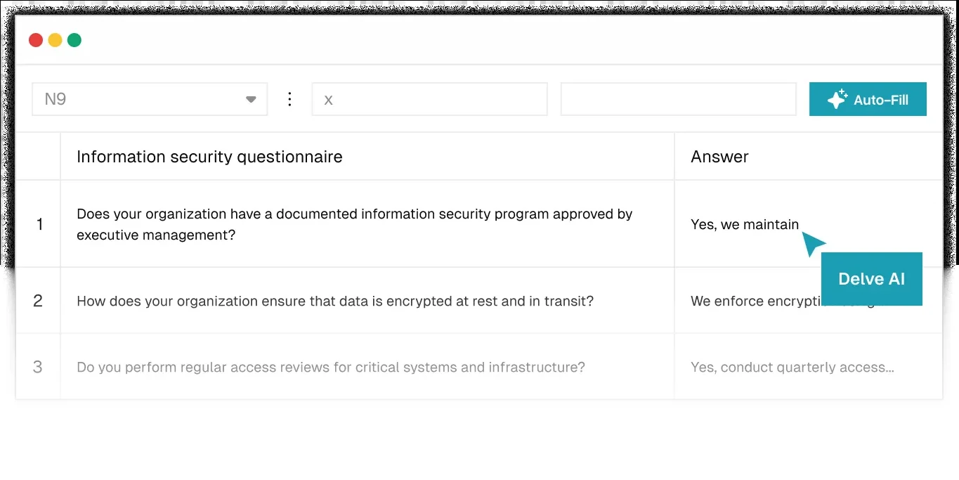 Delve product UI on delve.co: an information security questionnaire with the Auto-Fill button and the Delve AI cursor answering the first question