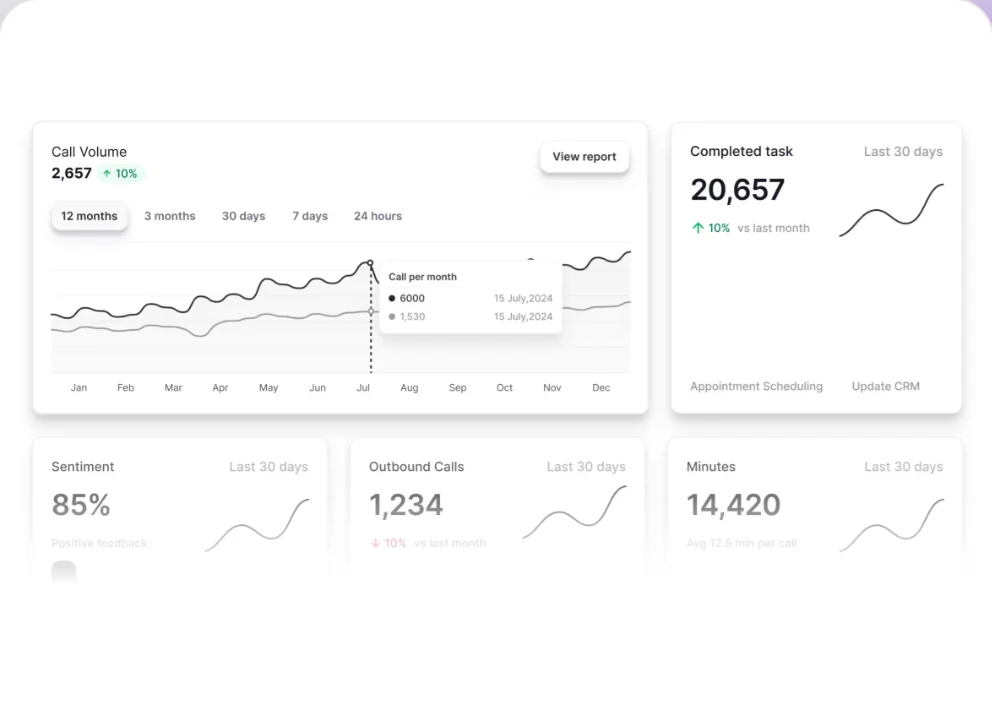 Phonely product UI on phonely.ai: call analytics with call volume over twelve months, completed tasks, sentiment, outbound calls and minutes