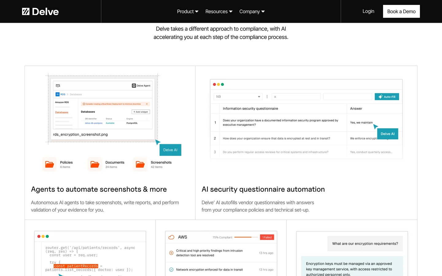Delve website: The AI compliance stack, one card module repeated for each agent, from screenshot automation to security questionnaires, code and infrastructure