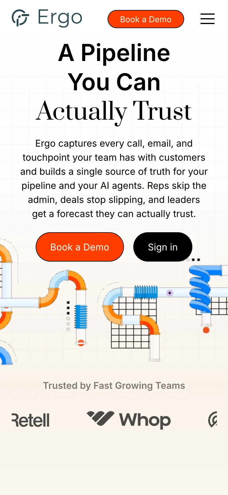Ergo homepage on a phone: A Pipeline You Can Actually Trust, with Book a Demo and Sign in buttons