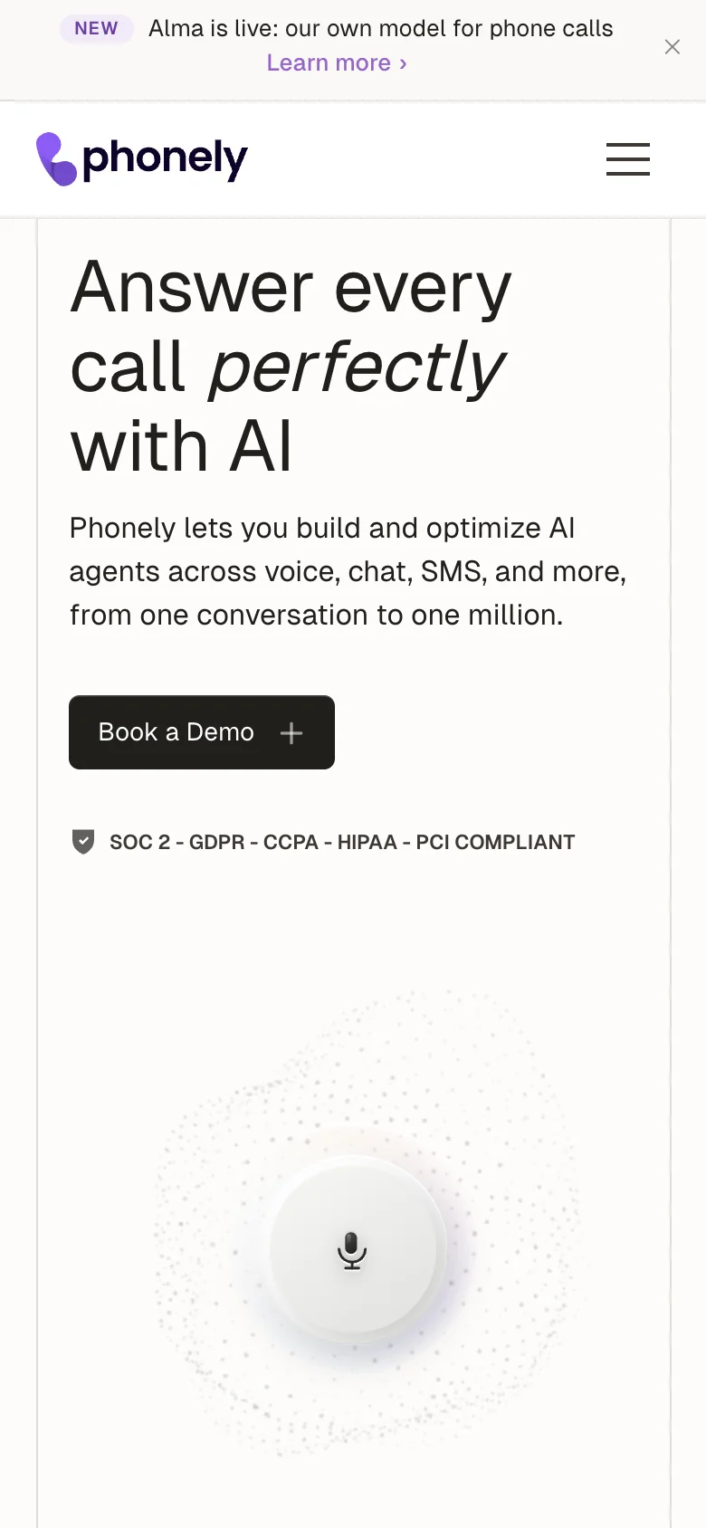Phonely homepage on a phone: Answer every call perfectly with AI, with one Book a Demo button and the compliance line