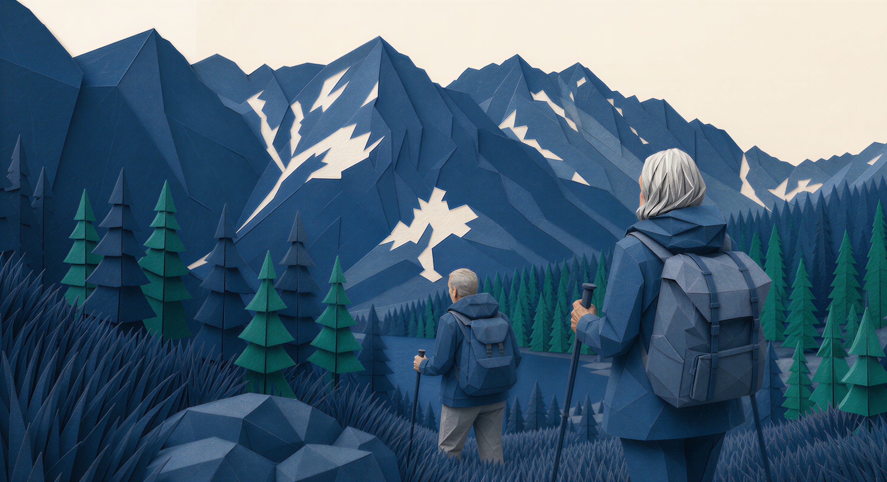 Man with his son walking through forest
