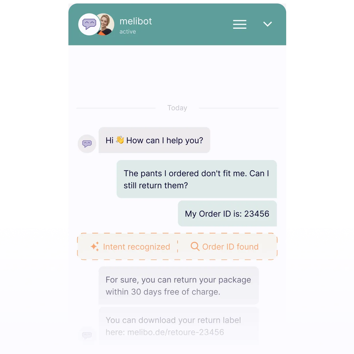 KI-Chatbot zeigt Intent-Erkennung und Order-ID-Matching, beantwortet Rücksendeanfragen automatisiert und liefert Retourenlink in Echtzeit.