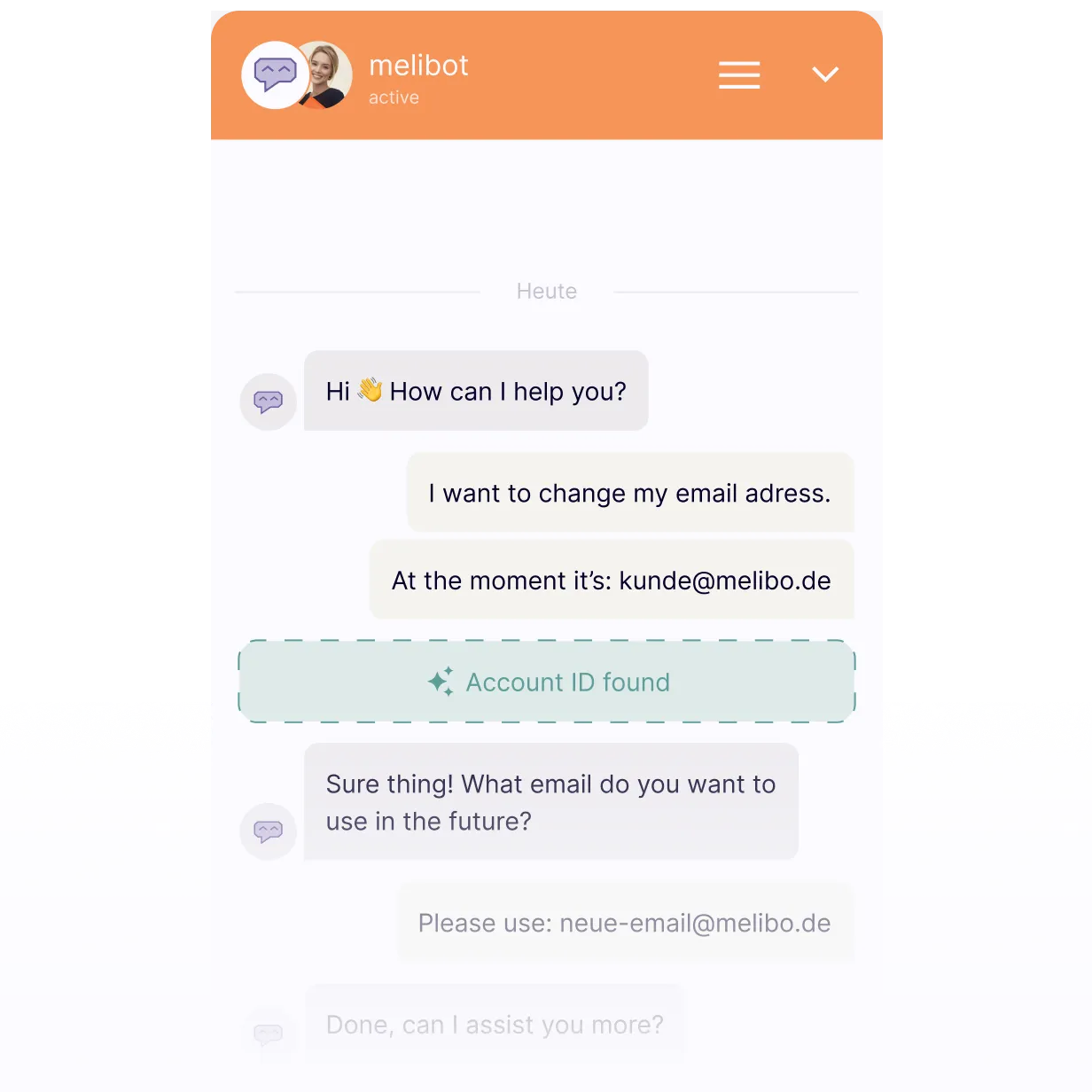KI-Chatbot erkennt Intent und Account-ID, aktualisiert Kundendaten (E-Mail-Adresse) automatisiert und bestätigt den Vorgang im Self-Service-Support.