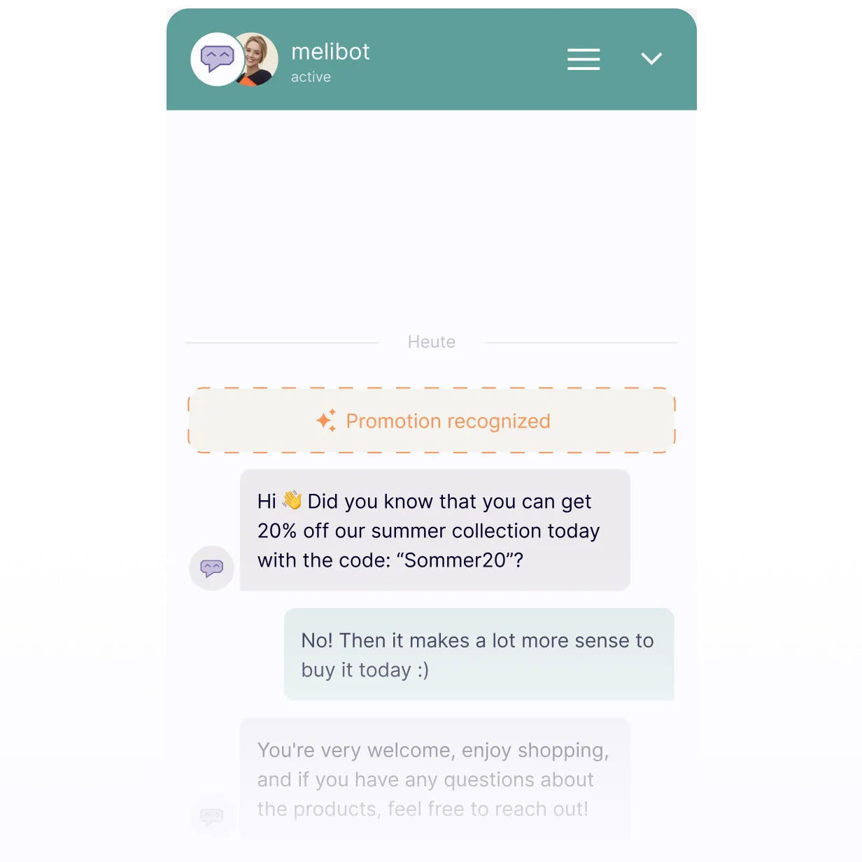 KI-Chatbot erkennt automatisch Promotionen und kommuniziert einen 20 %-Rabattcode („Sommer20“) proaktiv im Dialog zur Umsatzsteigerung.