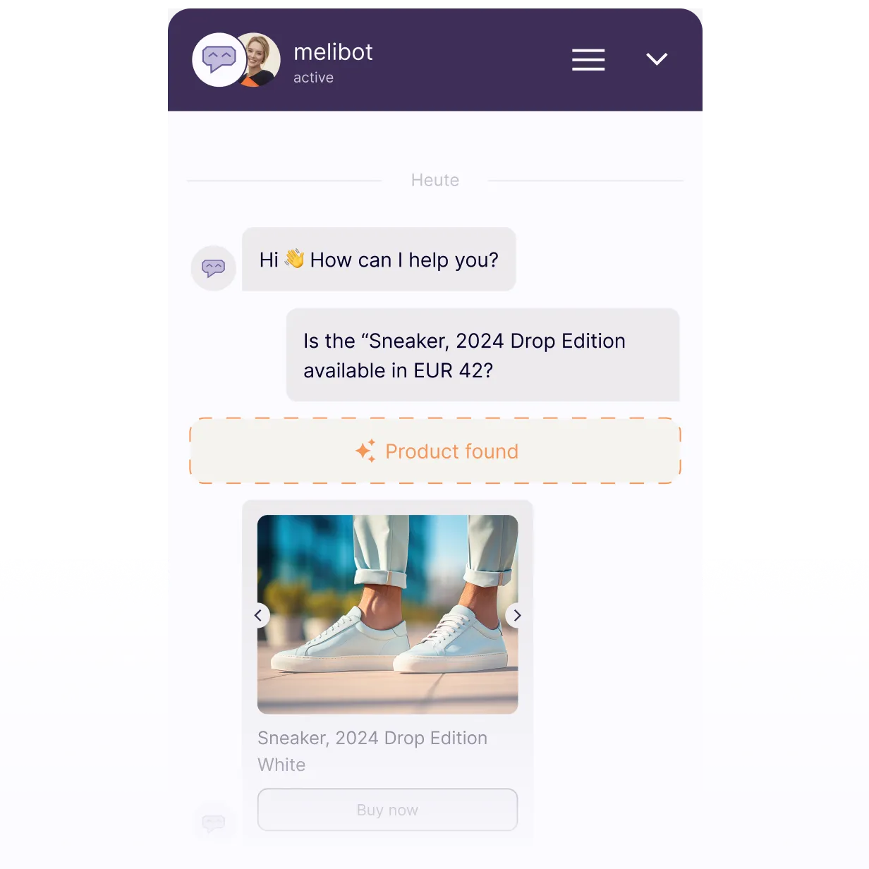 KI-Chatbot identifiziert Produkt („Sneaker, 2024 Drop Edition White“), bestätigt Verfügbarkeit und zeigt Kaufoption – automatisierte Produktsuche im E-Commerce.