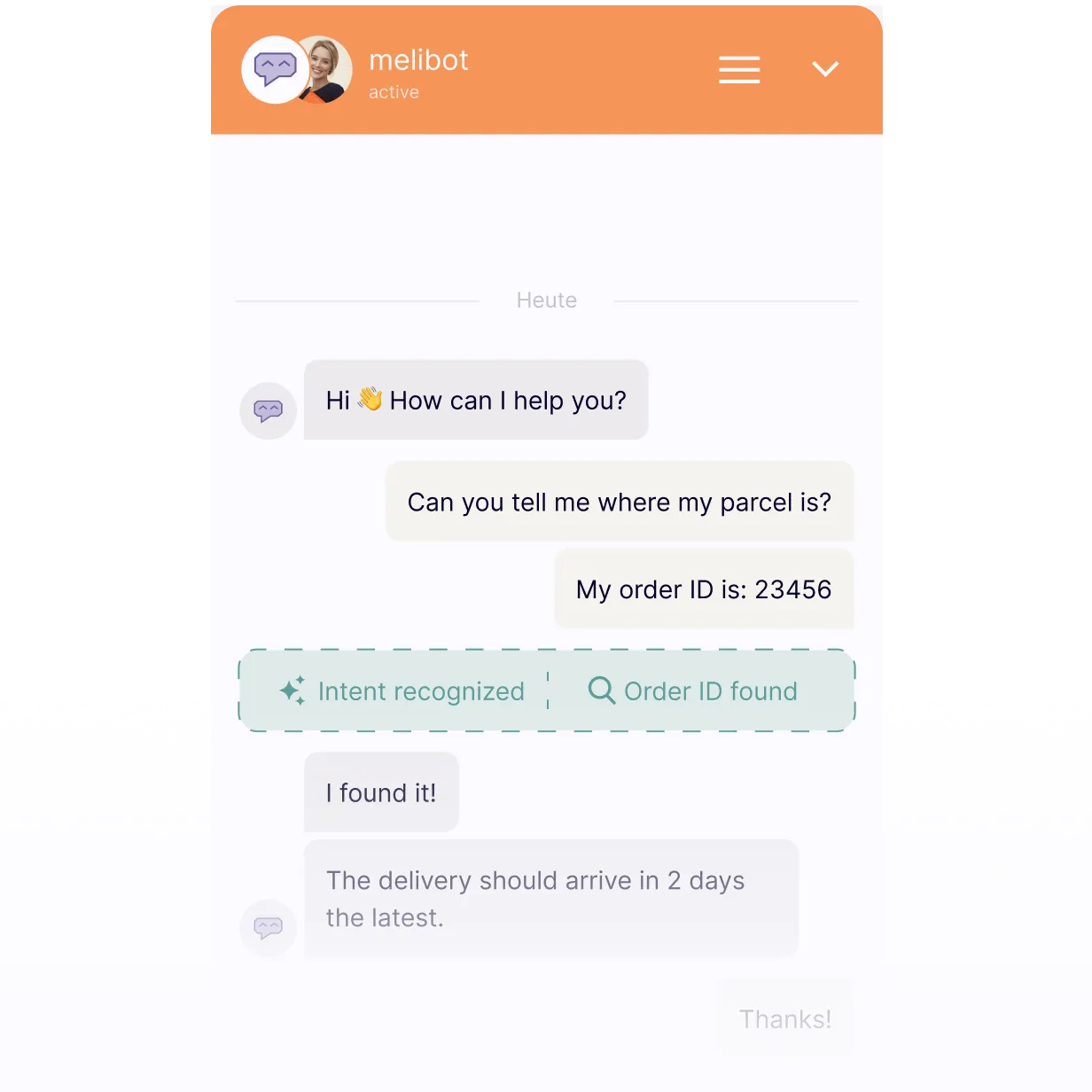 KI-Chatbot mit Intent-Erkennung und Order-ID-Abgleich liefert Echtzeit-Tracking-Antworten für den E-Commerce-Support.