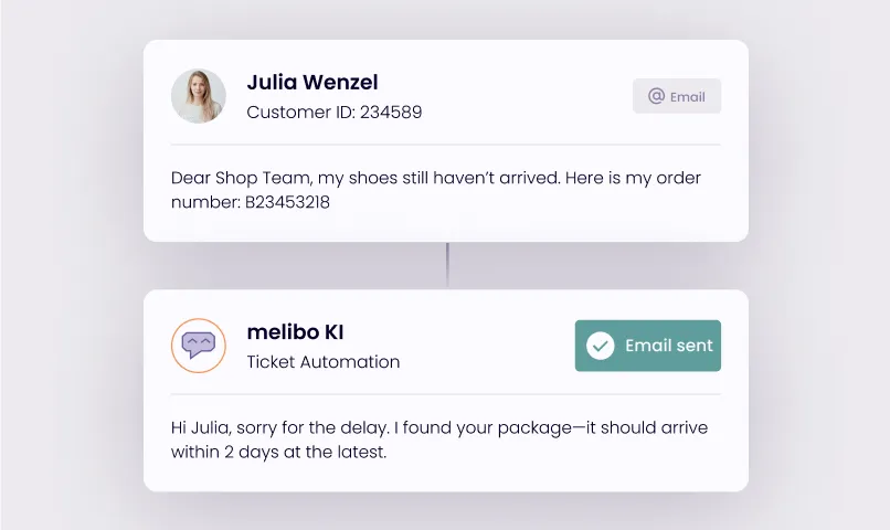 KI-Ticketautomation antwortet per E-Mail auf Kundenanfrage von Julia Wenzel, identifiziert Bestellung und gibt Liefertermin binnen zwei Tagen.