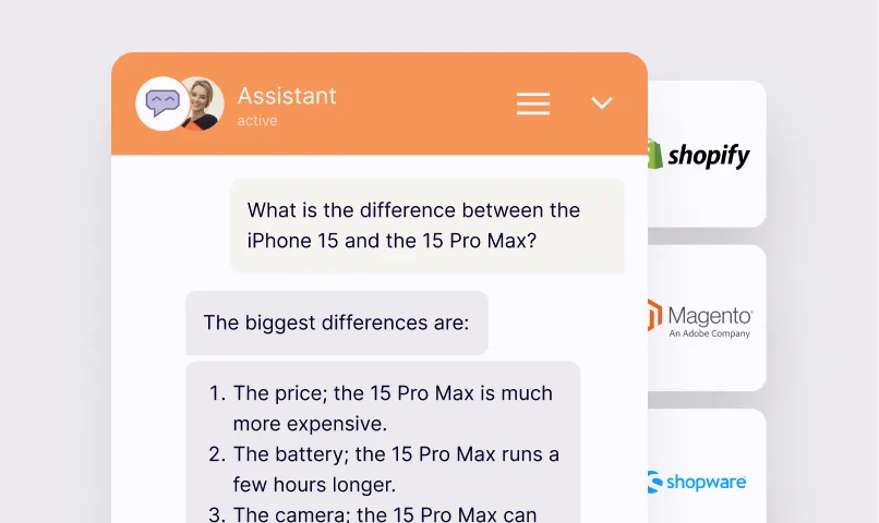 KI-Produktassistent vergleicht iPhone 15 vs. 15 Pro Max in Echtzeit und nutzt Shop-Integrationen (Shopify, Magento, Shopware) für datenbasierte Antworten.