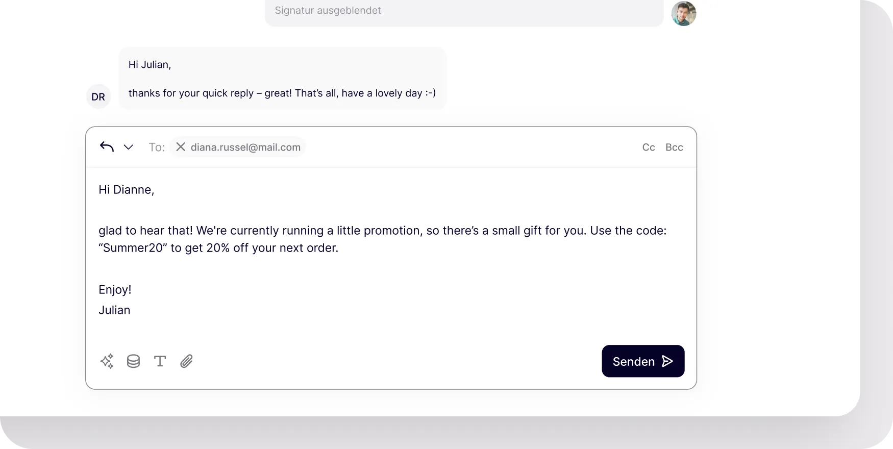 E-Mail-Antwort im melibo-Support informiert über 20 %-Rabattcode „Summer20“ – gezielte Promotion im Kundenservice und E-Commerce-Workflow.