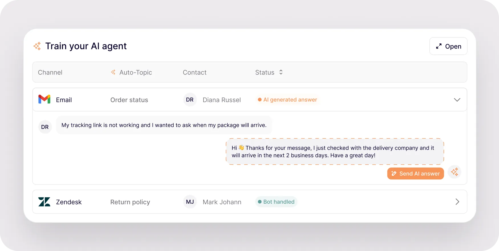 Screenshot des Melibo-Modules „Train your AI agent“: KI-generierte Antwort auf E-Mail zum Bestellstatus, mit Statusanzeige und Zendesk-Integration.