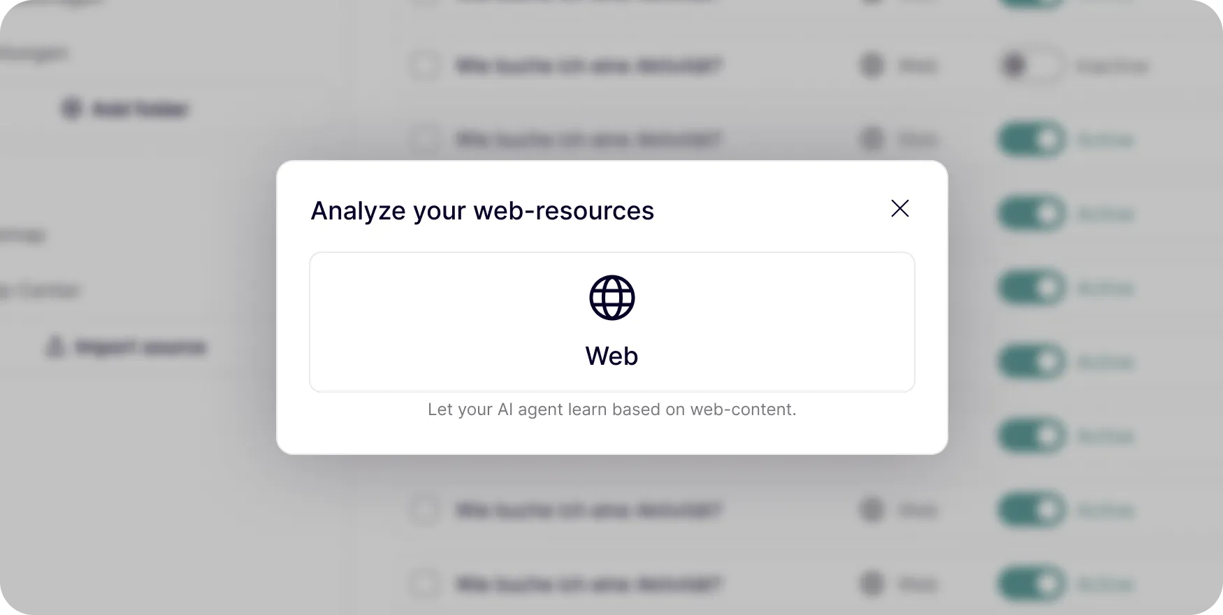 Popup zur Analyse von Web-Ressourcen: KI-Agent lernt aus Online-Inhalten für datengetriebenen Customer-Service.