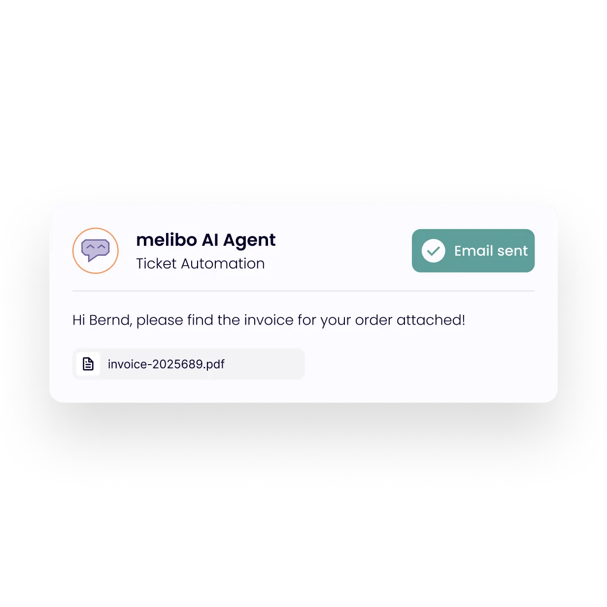 Melibo AI Agent verschickt automatisiert Rechnungs-PDF per E-Mail – effiziente Ticketbearbeitung und gesteigerte Kundenzufriedenheit.