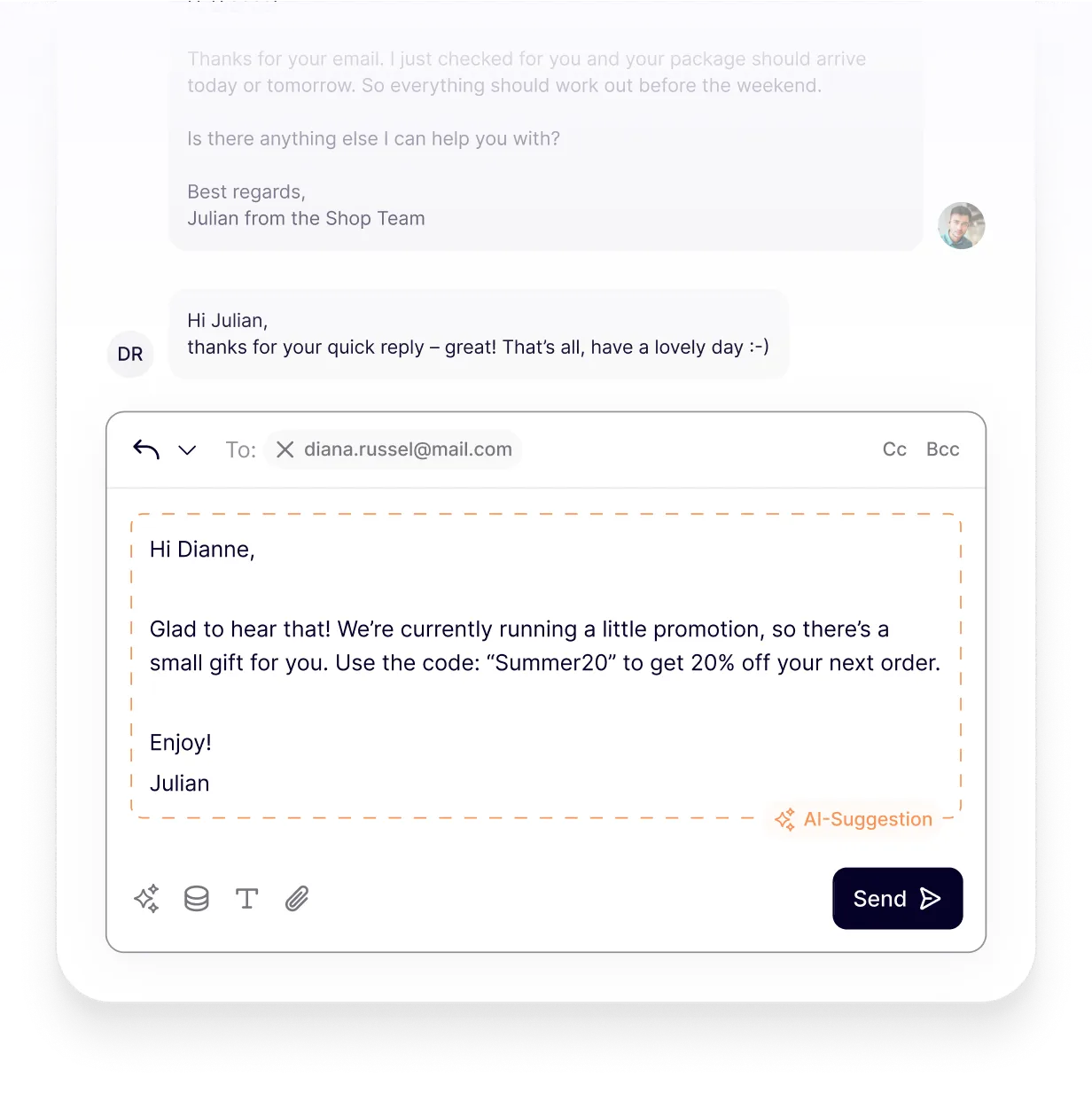 melibo AI Email Composer Screenshot zeigt KI Antwortvorschlag mit Rabattcode für Kundin Dianne in einem Support E Mail Thread