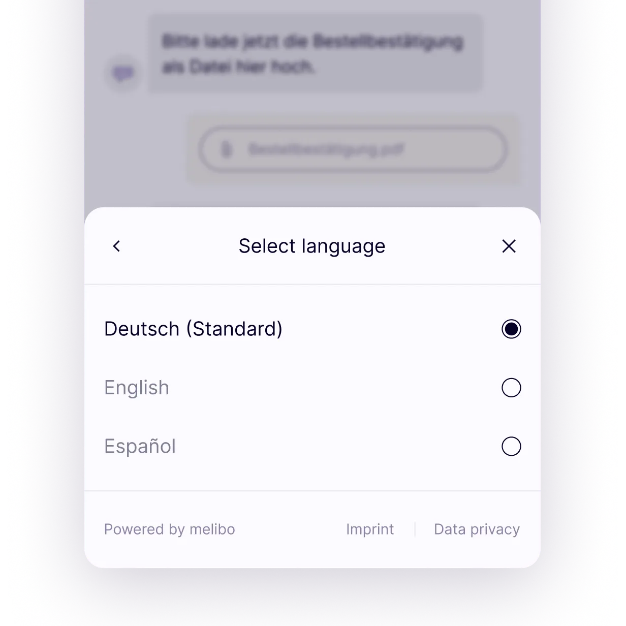 melibo AI Chat Widget Screenshot zeigt Sprachwahl Menü mit Deutsch voreingestellt sowie Englisch und Spanisch
