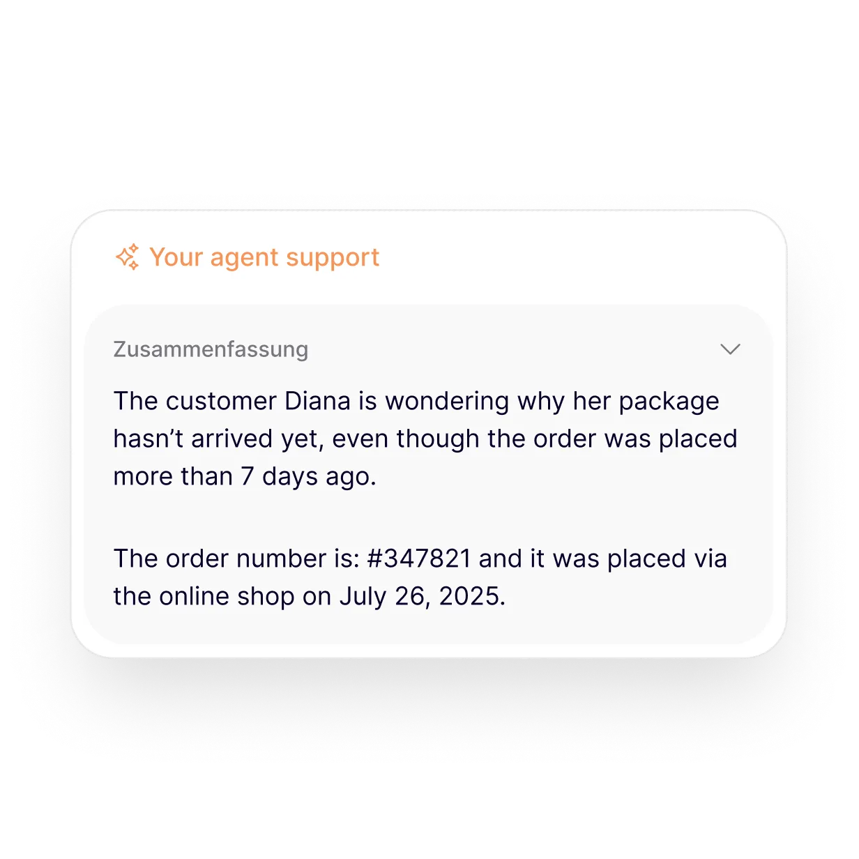 melibo AI Agent Support Screenshot zeigt KI Zusammenfassung einer Kundenanfrage zu verzögerter Lieferung mit Bestellinformation