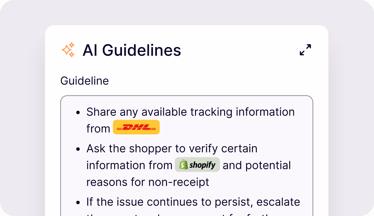 Text box titled 'AI Guidelines' with bullet points about sharing tracking info from DHL and verifying information from Shopify.