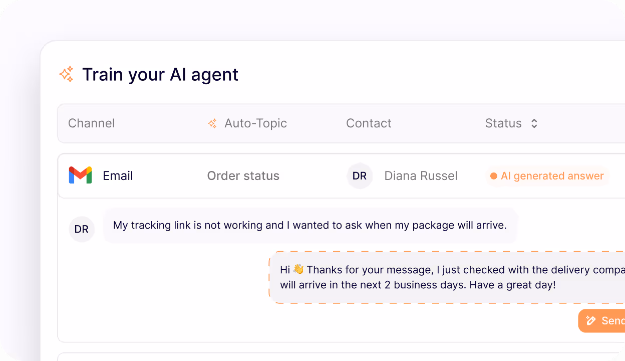 Interface showing training of AI agent with an email conversation about a tracking link issue and AI-generated response confirming delivery in 2 business days.