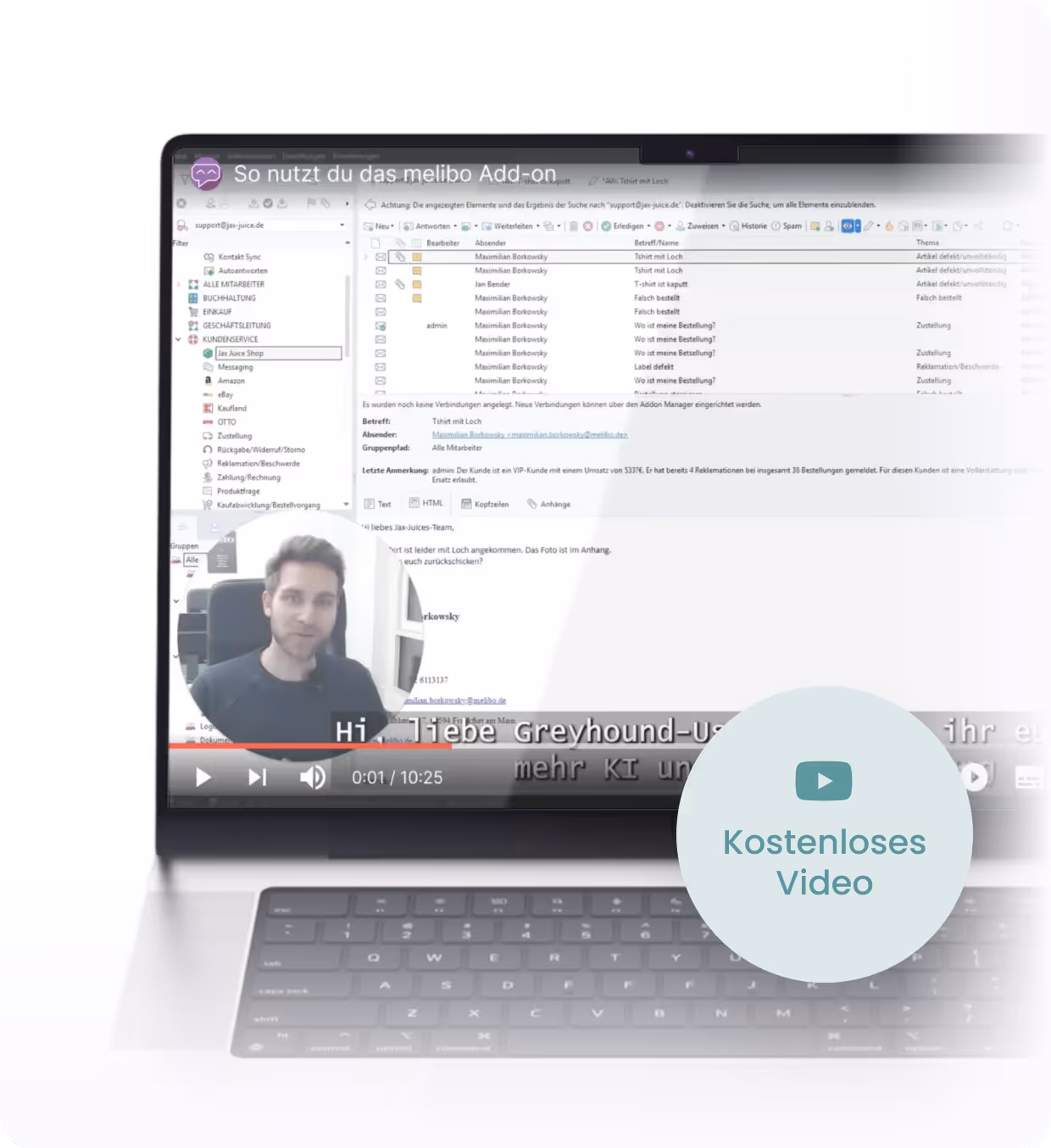 Laptop screen displaying a video tutorial in German with a man speaking and an overlay text bubble saying 'Kostenloses Video'.
