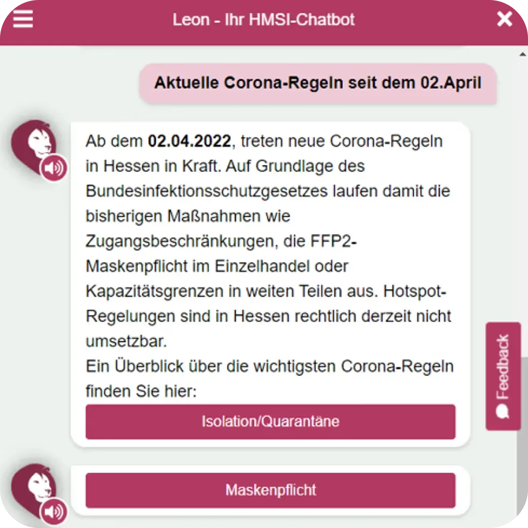 Chat interface of Leon HMSI-Chatbot showing updated Corona rules in Hessen from April 2, 2022, with buttons for Isolation/Quarantine and Mask Mandate.