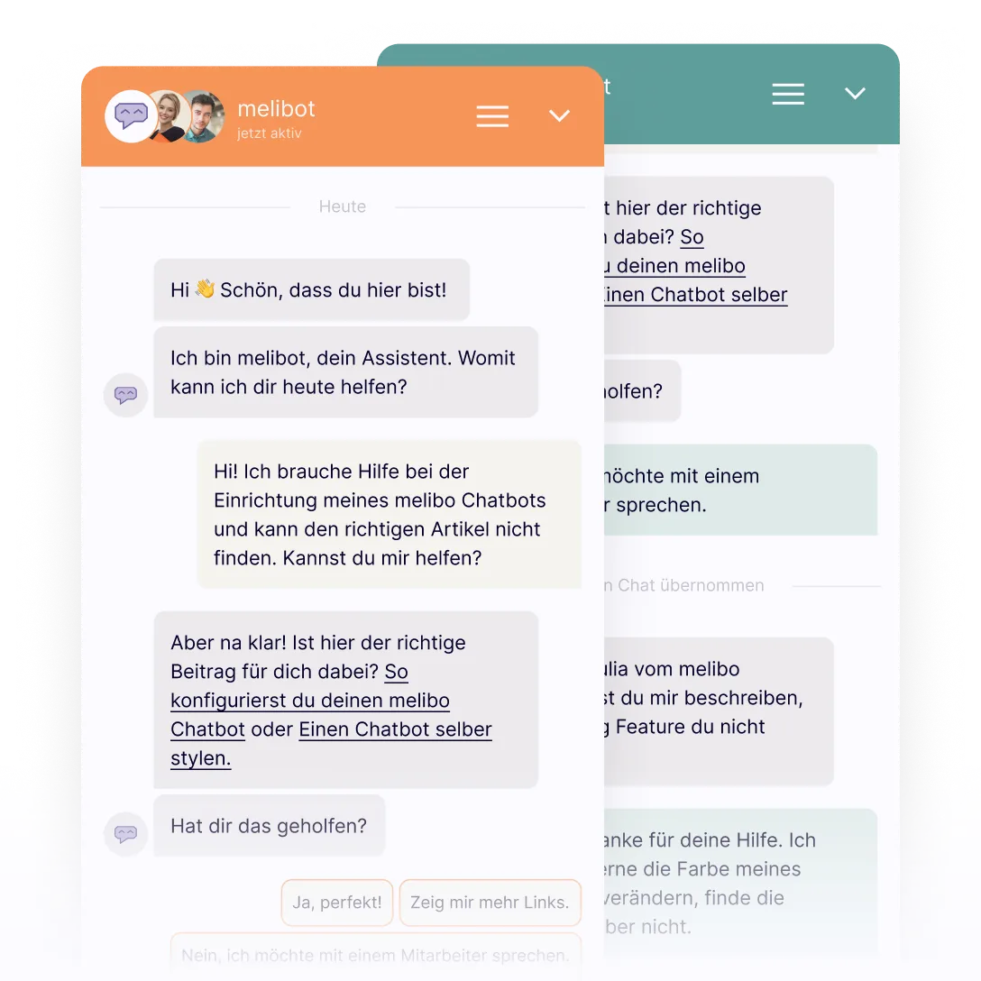 Screenshot of a chat interface where a chatbot named melibot is assisting a user in German with setup questions and providing links for configuring and styling the chatbot.