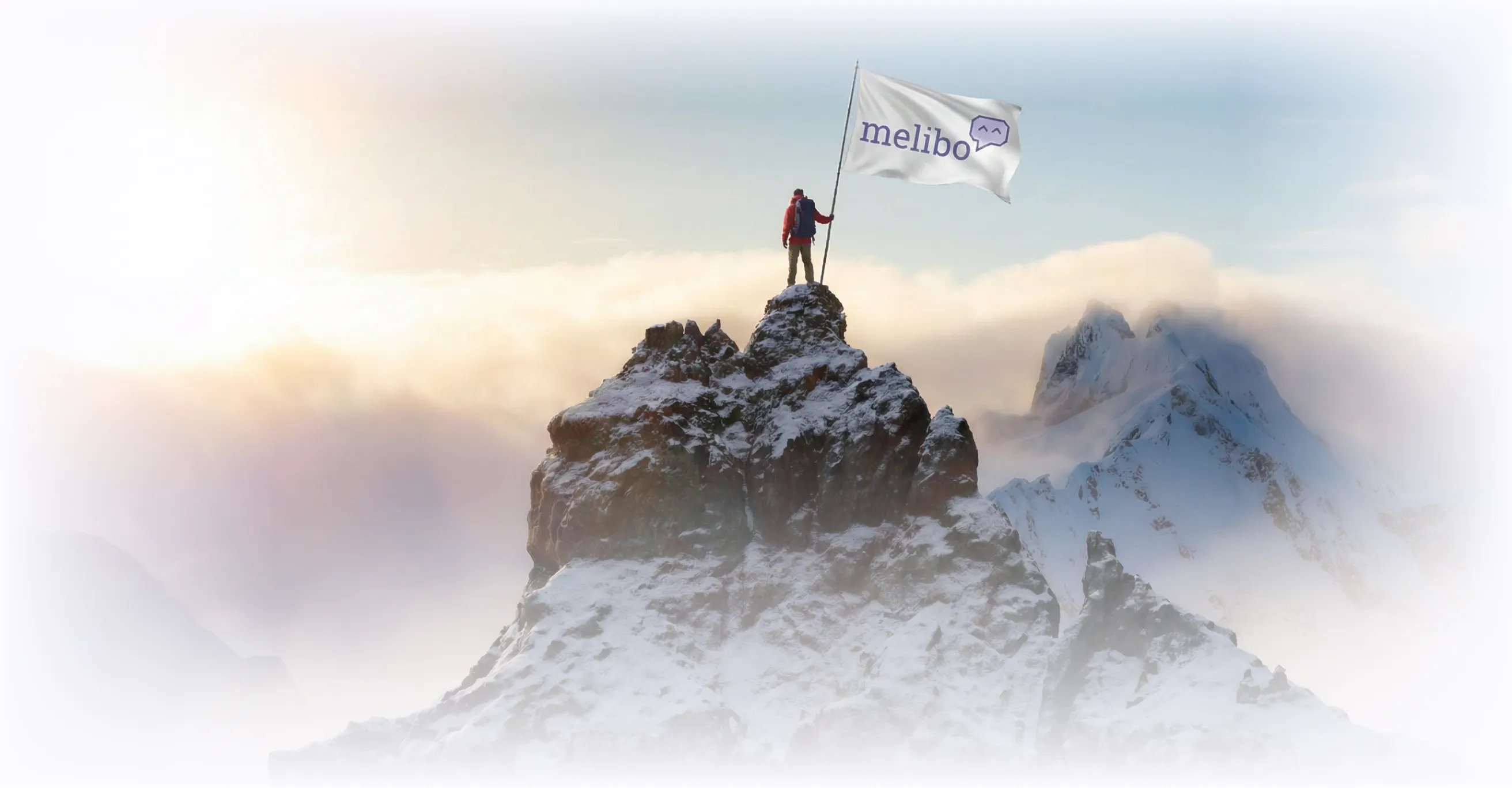 Person standing on a snowy mountain peak holding a flag with the word 'melibo' and a smiling chat icon.