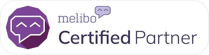 Melibo Certified Partner badge with a purple chat bubble logo featuring a smiling face.