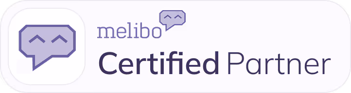 Melibo Certified Partner badge with a purple chat bubble logo featuring a smiling face.