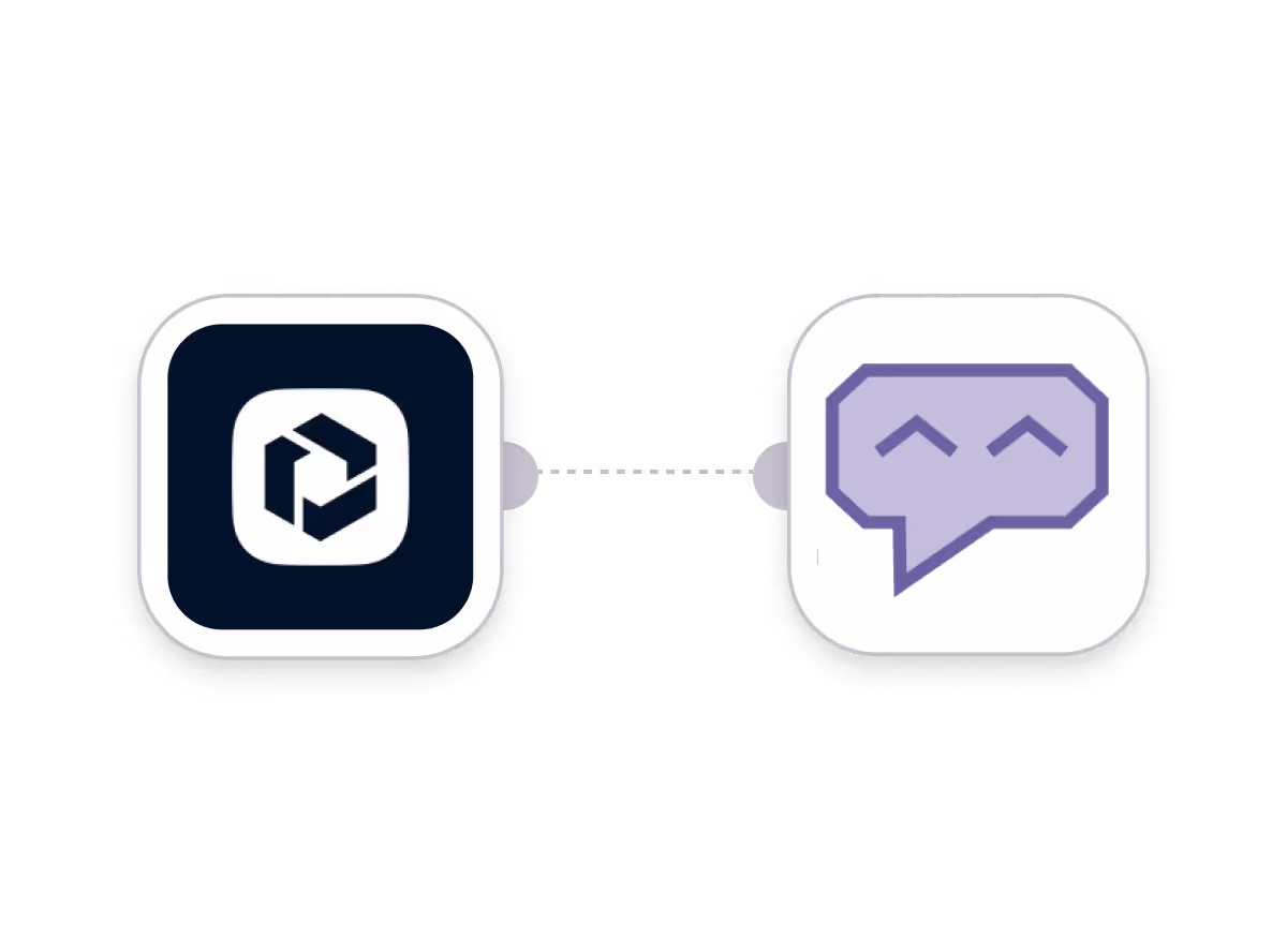 Two connected app icons, left with a dark cube logo on a dark background, right with a smiling purple chat bubble on a white background.