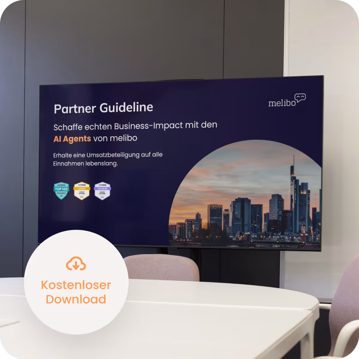 Screen displaying 'Partner Guideline' in German about AI Agents by melibo with a city skyline at sunset and a download icon labeled Kostenloser Download.