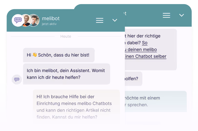 Chat interface showing a conversation in German between a user and a virtual assistant named melibot, with messages about setup help for a melibo chatbot.