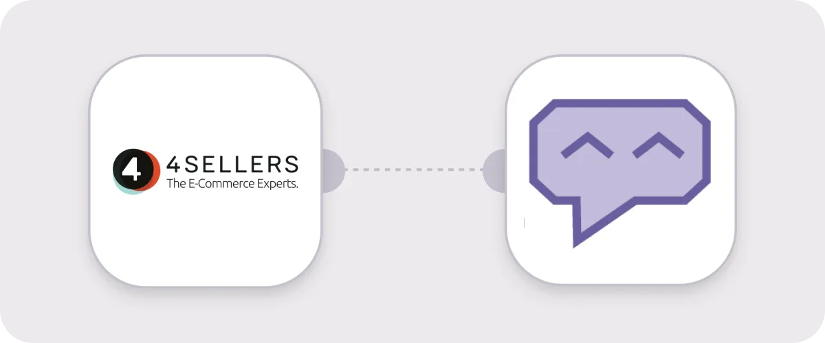 Graphic showing a connection between the 4SELLERS logo labeled 'The E-Commerce Experts' and a purple speech bubble with smiling eyes.