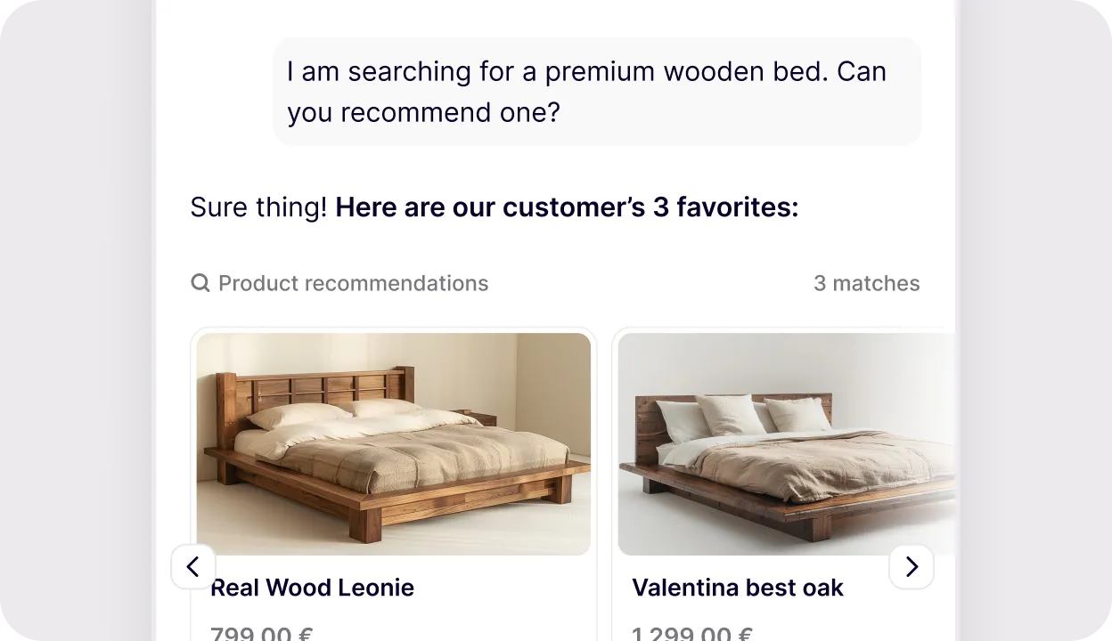 Chat conversation showing a user asking for a premium wooden bed recommendation and a response listing two wooden bed options with images and prices.