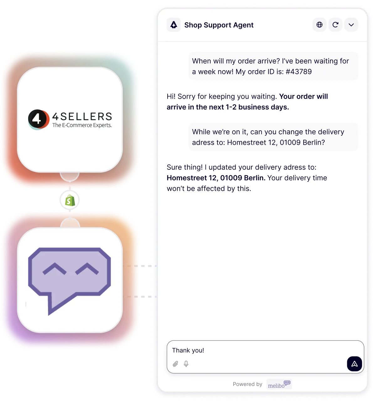 Chat interface of Shop Support Agent showing a customer inquiry about order arrival and address change with agent confirming delivery in 1-2 business days and updated address to Homestreet 12, Berlin.