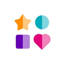 Four colorful shapes: an orange star, a blue circle, a purple square, and a pink heart on white.