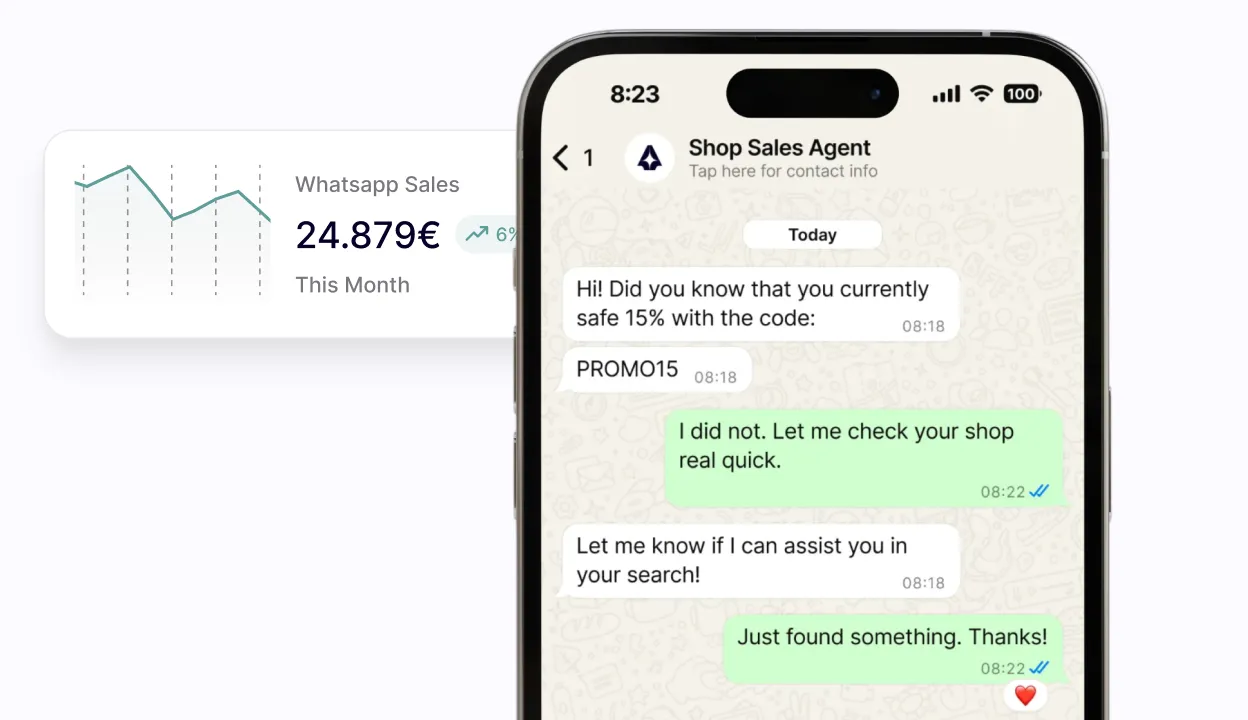 Smartphone screen showing a chat with Shop Sales Agent offering 15% off with code PROMO15.