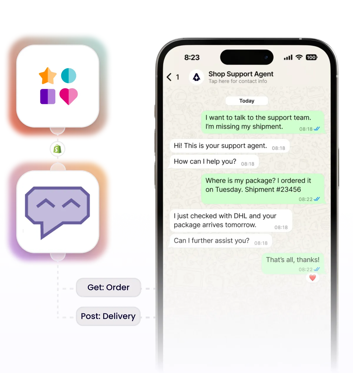 Smartphone screen shows chat with support agent about missing shipment and delivery update.