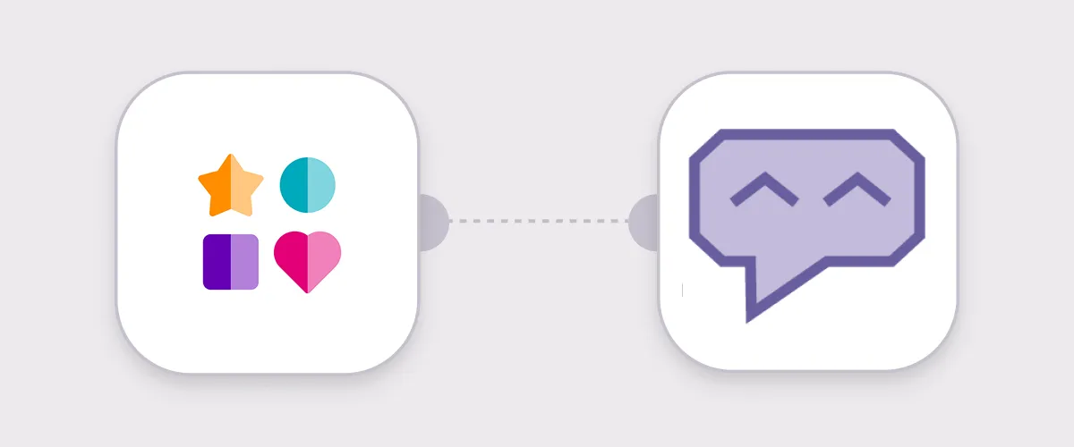 Two app icons connected by dotted line: one has four colorful shapes, the other a purple speech bubble with eyes.