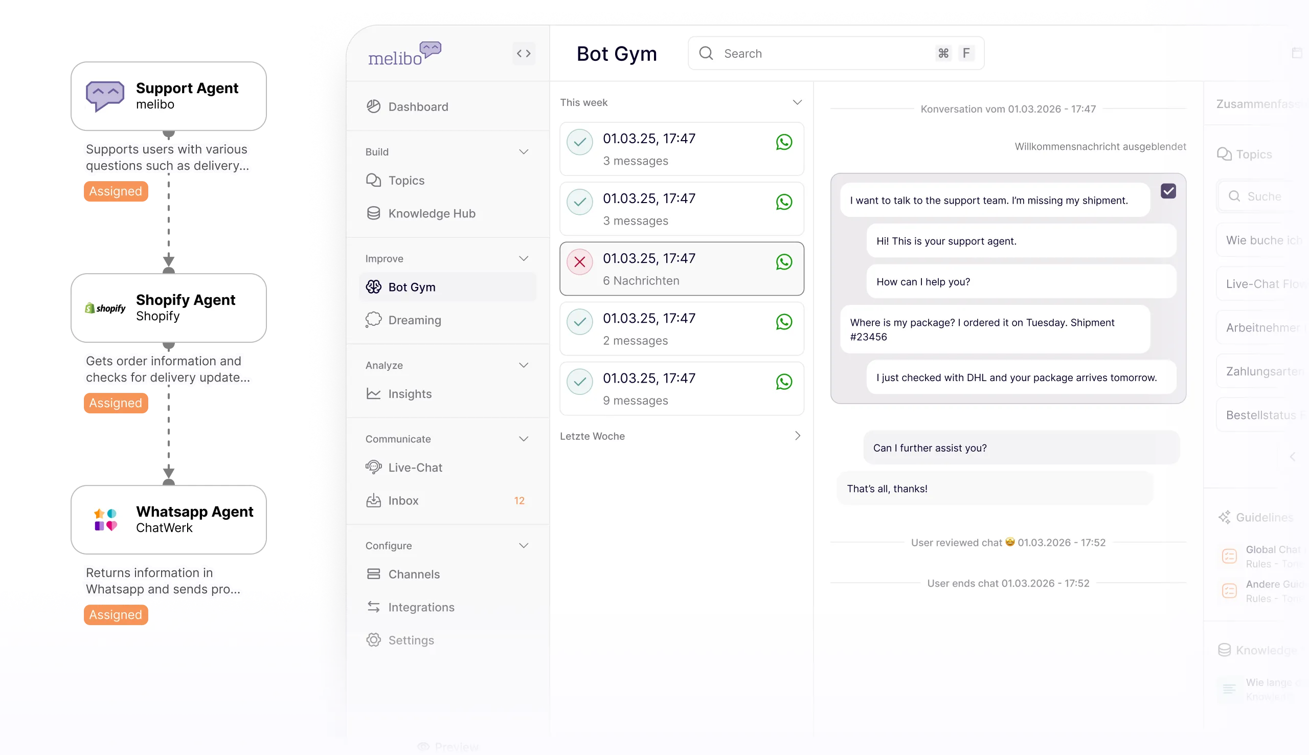 Flowchart and chat interface showing support agent, Shopify agent, and WhatsApp agent handling a shipment inquiry.