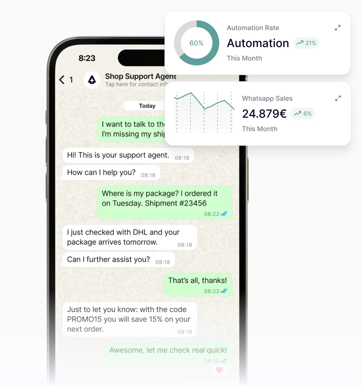 Phone screen shows chat between customer and support agent about a missing package and savings code.