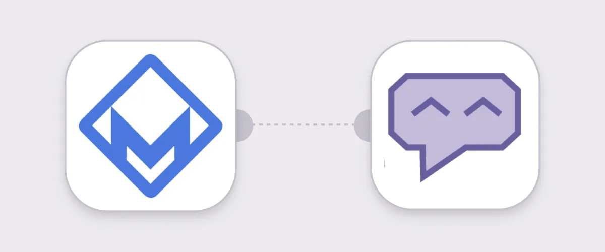 Two app icons connected by a dotted line; left icon is blue diamond shape, right icon is purple speech bubble.