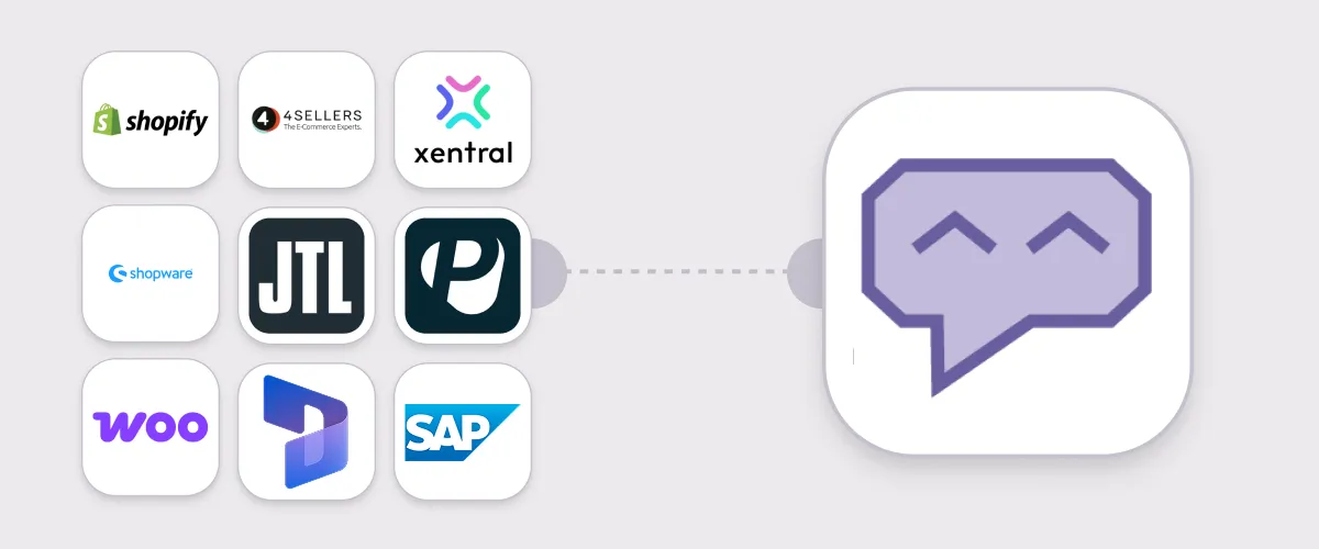E-commerce platform logos connected by dotted line to a purple chat icon with a smiling face.